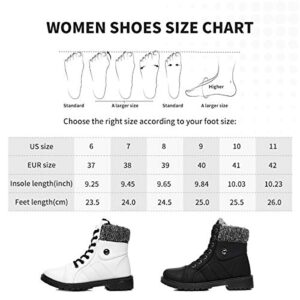 FRACORA Women's PU Leather Combat Boots Warm Fur Lined Black Ankle Booties Side Zipper White Boots Non-slip Waterproof Winter Boots(Black.US10)