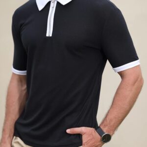 Rela Bota Men's Short Sleeve Polo Shirts Fashion Zipper Polos Casual Slim Fit T-Shirt Black with White 2XL