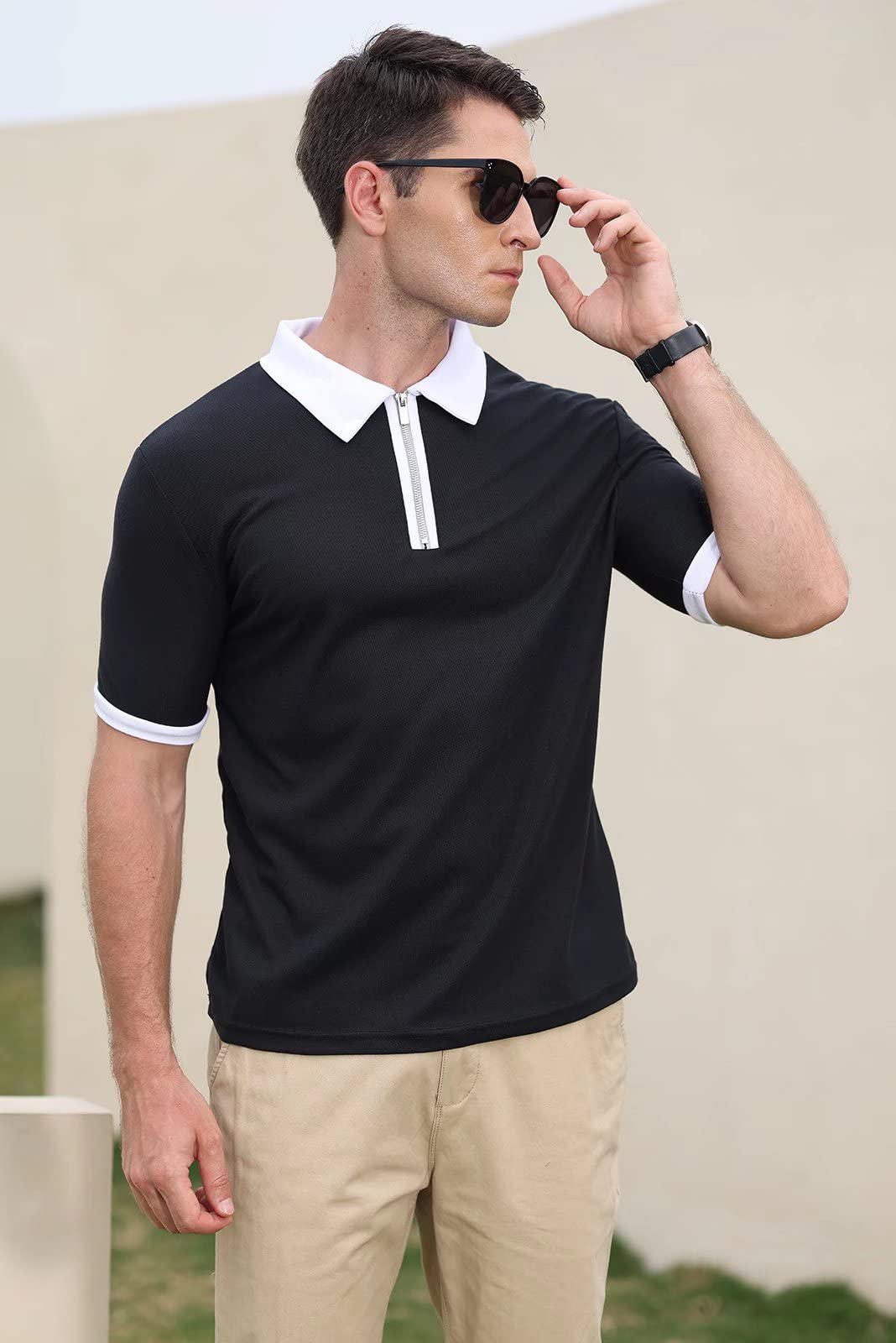 Rela Bota Men's Short Sleeve Polo Shirts Fashion Zipper Polos Casual Slim Fit T-Shirt Black with White 2XL