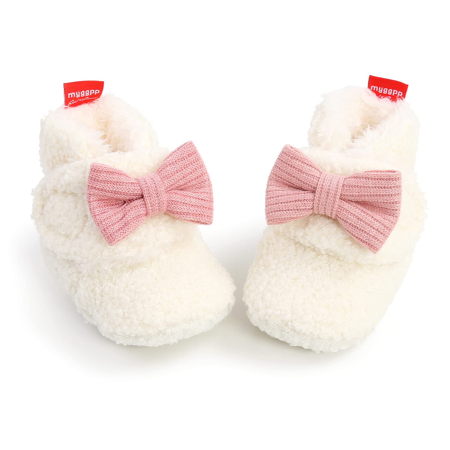 Ohwawadi Baby Girl Bow Booties Cozy Fleece Infant Baby Slippers Soft Warm Socks Shoes Newborn Crib Shoes White 6-12 Months