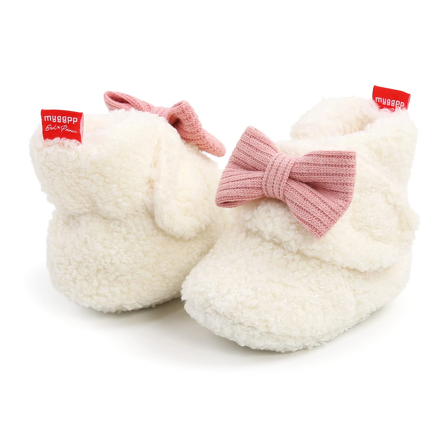 Ohwawadi Baby Girl Bow Booties Cozy Fleece Infant Baby Slippers Soft Warm Socks Shoes Newborn Crib Shoes White 6-12 Months