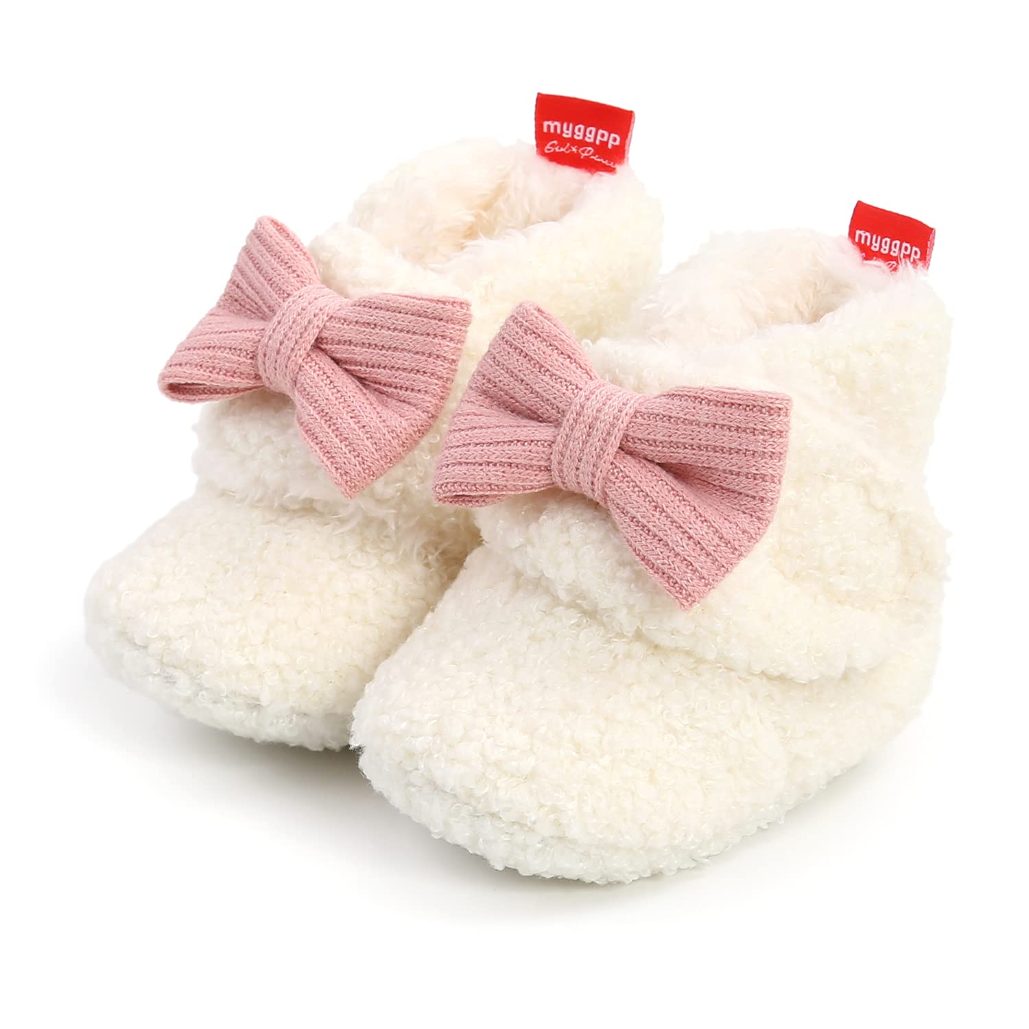 Ohwawadi Baby Girl Bow Booties Cozy Fleece Infant Baby Slippers Soft Warm Socks Shoes Newborn Crib Shoes White 6-12 Months