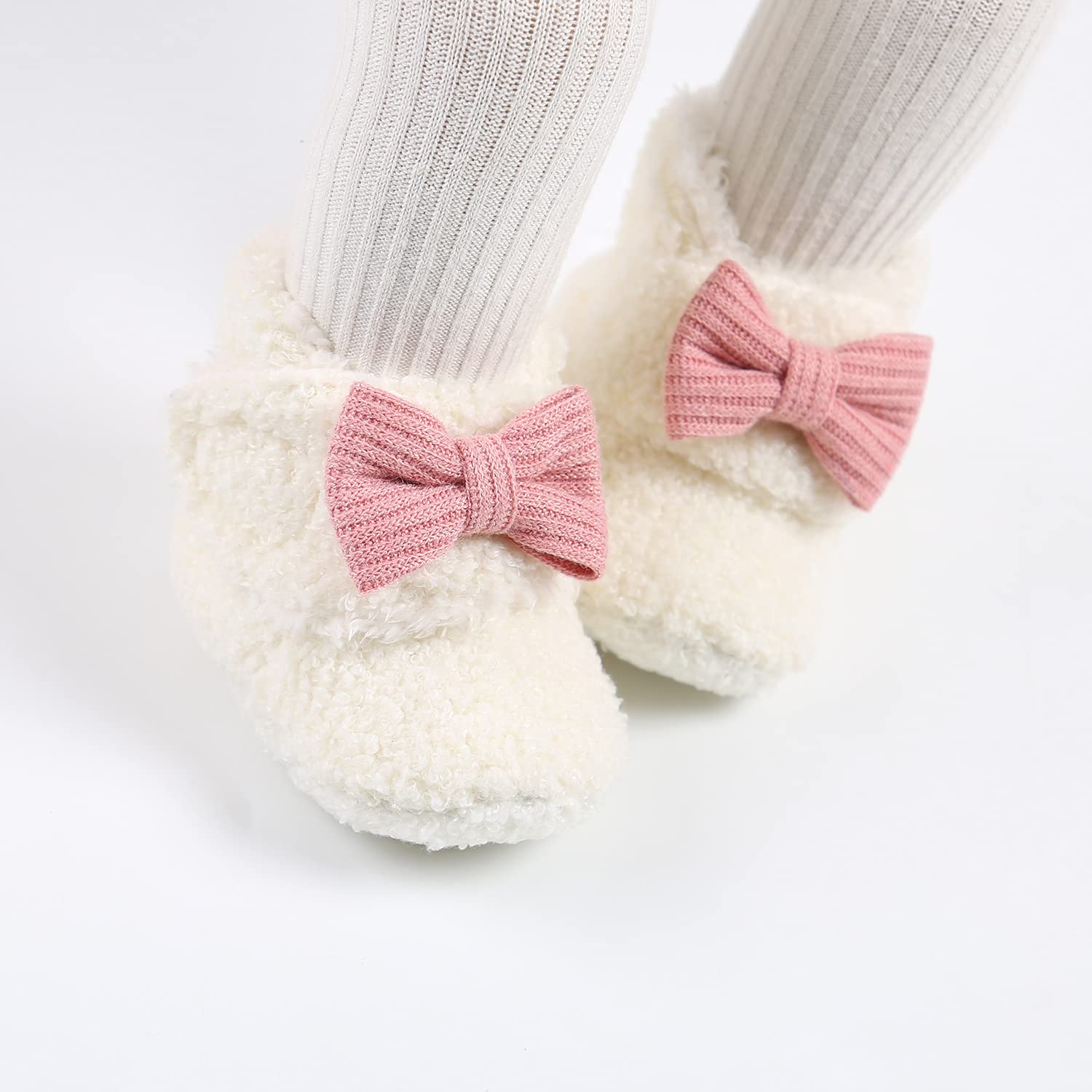 Ohwawadi Baby Girl Bow Booties Cozy Fleece Infant Baby Slippers Soft Warm Socks Shoes Newborn Crib Shoes White 6-12 Months