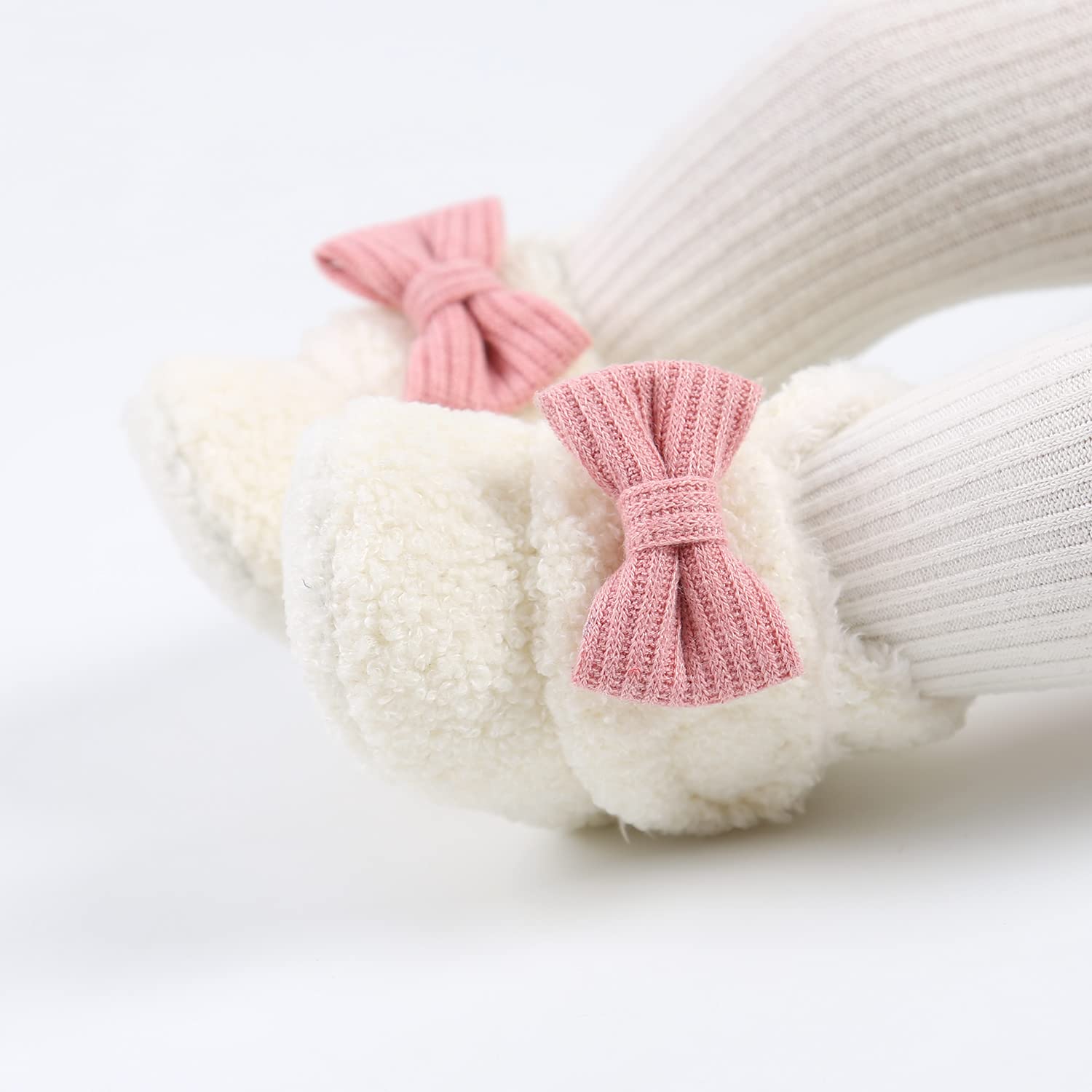 Ohwawadi Baby Girl Bow Booties Cozy Fleece Infant Baby Slippers Soft Warm Socks Shoes Newborn Crib Shoes White 6-12 Months