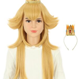 karlery Kids Girls Long Golden Princess Costume Wig with Crown Halloween Cosplay Party Wig