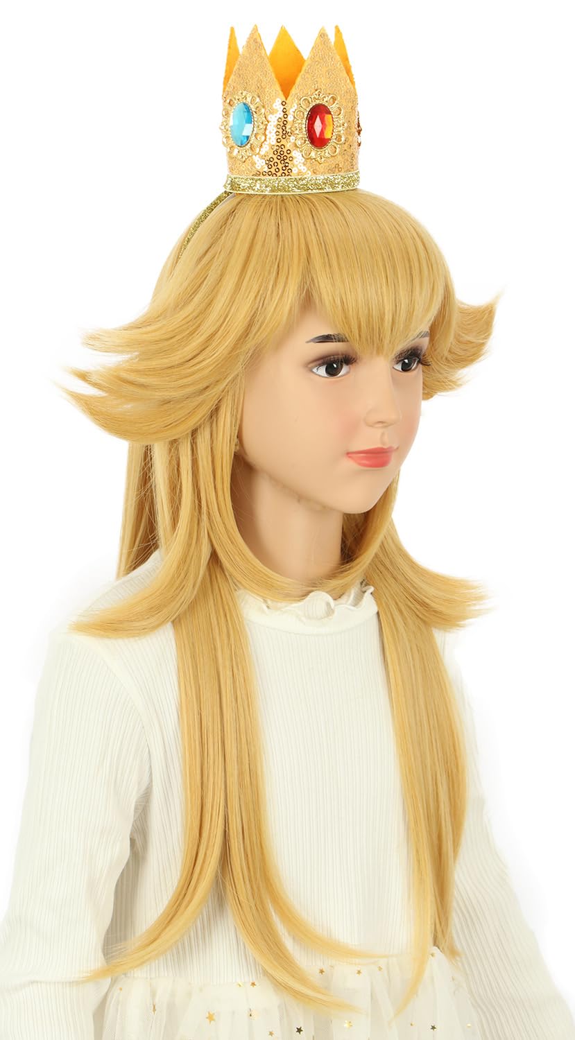 karlery Kids Girls Long Golden Princess Costume Wig with Crown Halloween Cosplay Party Wig