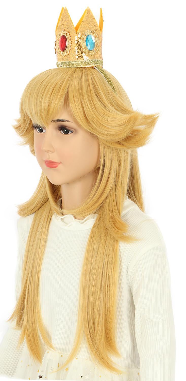 karlery Kids Girls Long Golden Princess Costume Wig with Crown Halloween Cosplay Party Wig