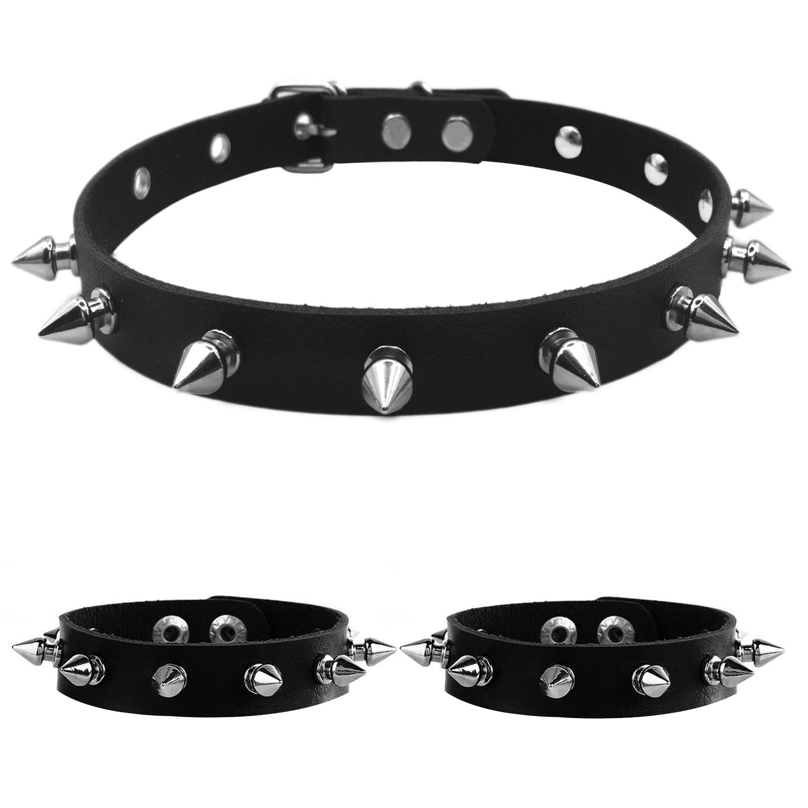 Tosmifairy Cute Leather Black Choker Studded Bracelets Cuffs Punk Goth Accessories Jewelry Set for Women Costume (Black J)