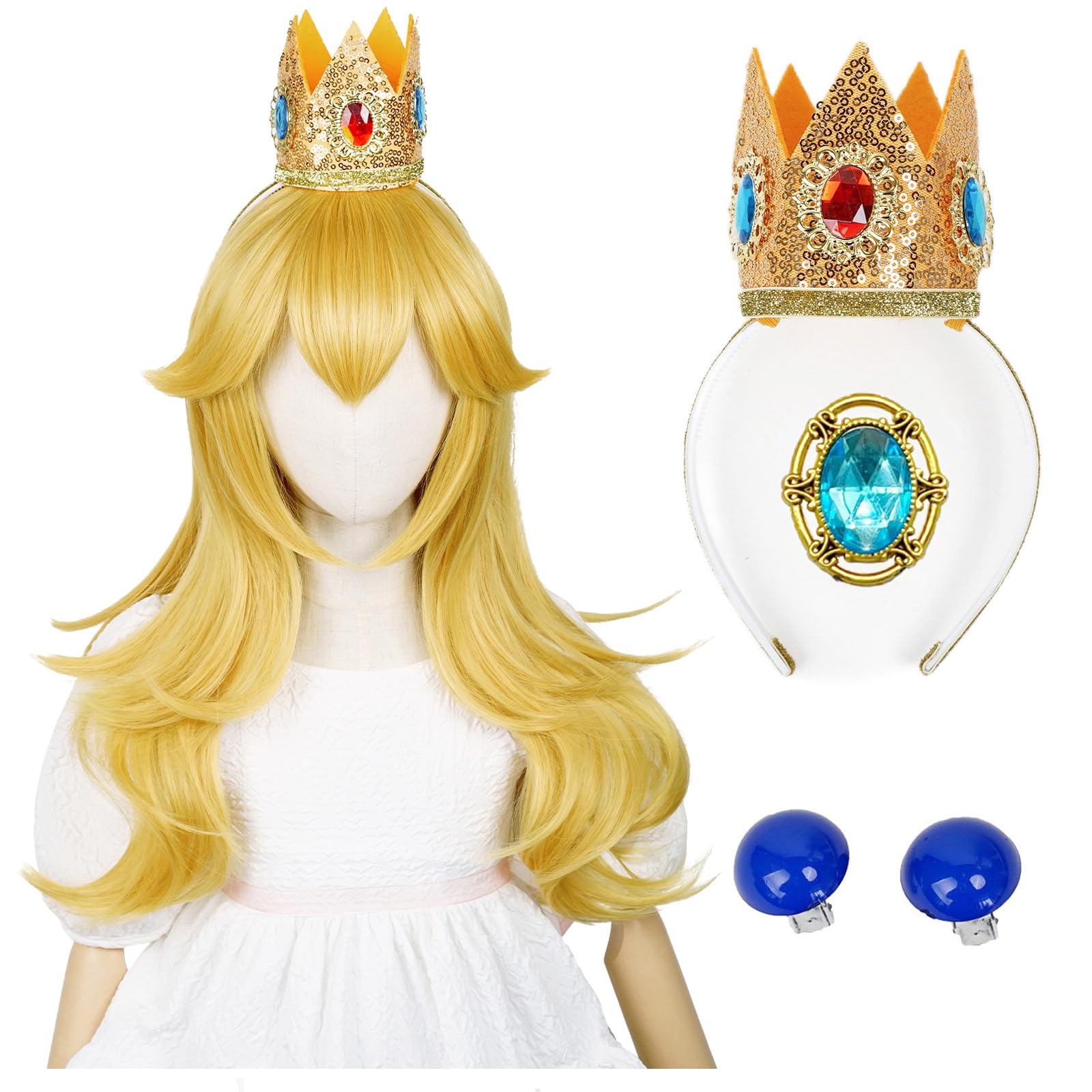 Aicos Golden Wavy Wig with Earrings and Crown, Blonde Long Curly Princess Cosplay Wig for Kids Halloween Costume