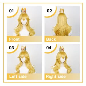 Aicos Golden Wavy Wig with Earrings and Crown, Blonde Long Curly Princess Cosplay Wig for Kids Halloween Costume