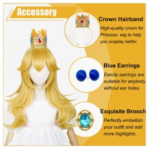 Aicos Golden Wavy Wig with Earrings and Crown, Blonde Long Curly Princess Cosplay Wig for Kids Halloween Costume