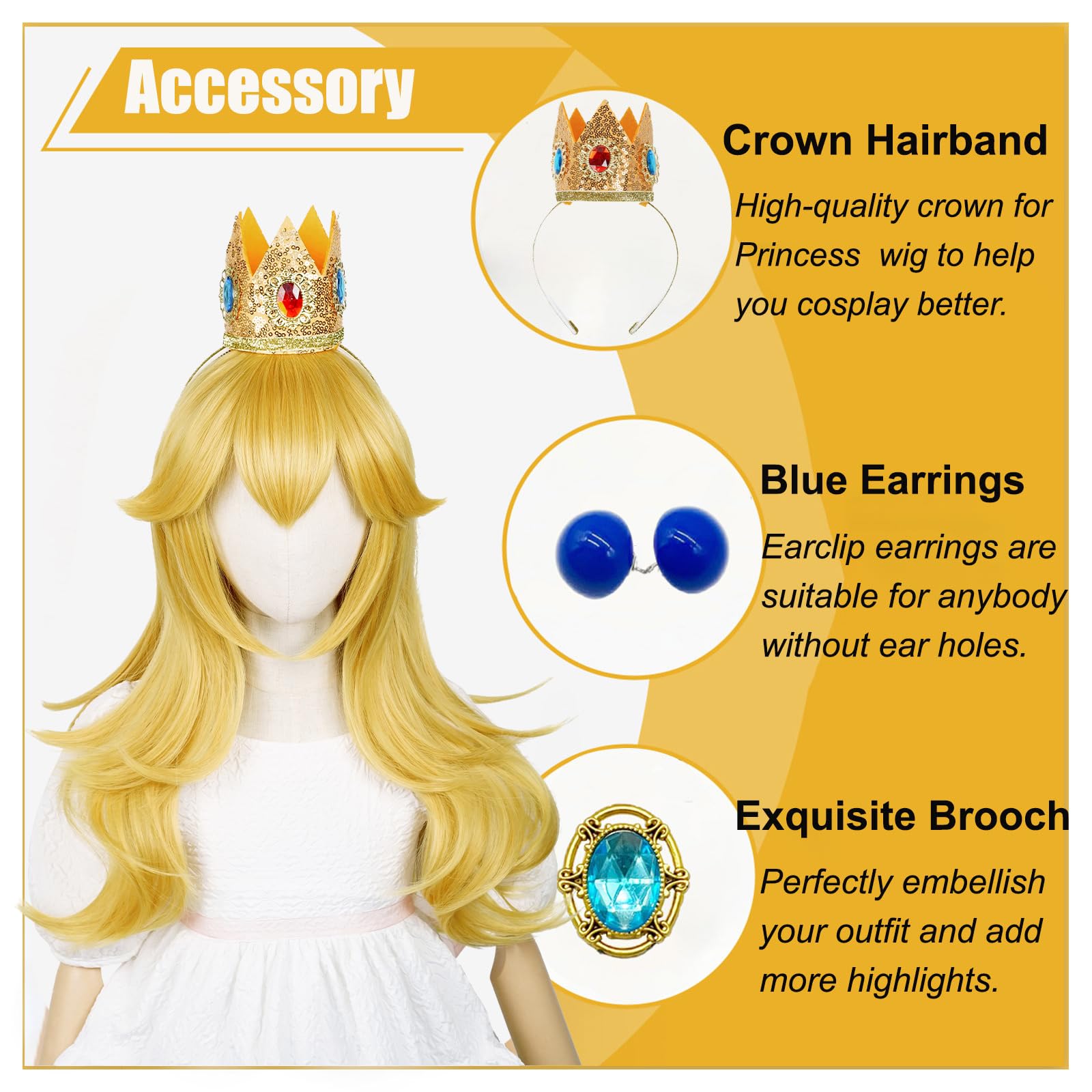 Aicos Golden Wavy Wig with Earrings and Crown, Blonde Long Curly Princess Cosplay Wig for Kids Halloween Costume