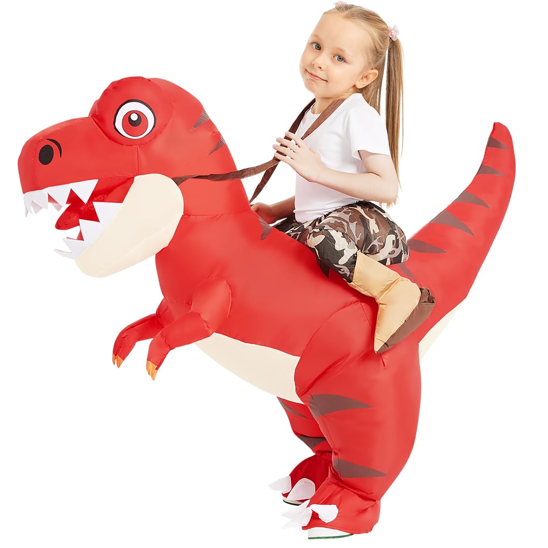 COMIN Inflatable Dinosaur Costume Kids, Ride on Dinosaur Blow Up Trex Costume Red Funny Fancy Dress for Halloween Party 4-6Y