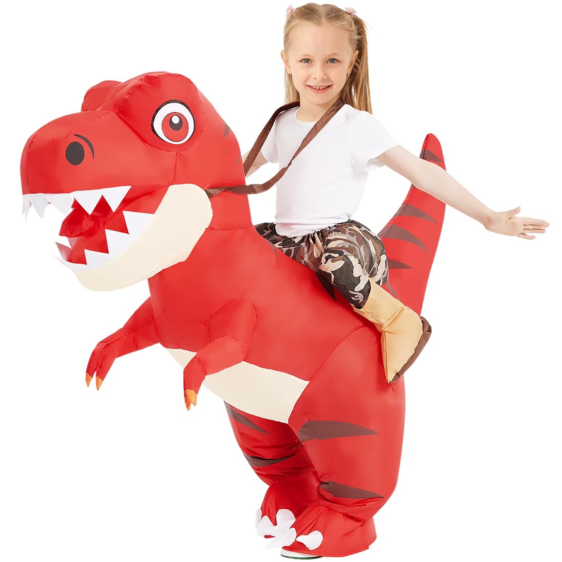 COMIN Inflatable Dinosaur Costume Kids, Ride on Dinosaur Blow Up Trex Costume Red Funny Fancy Dress for Halloween Party 4-6Y