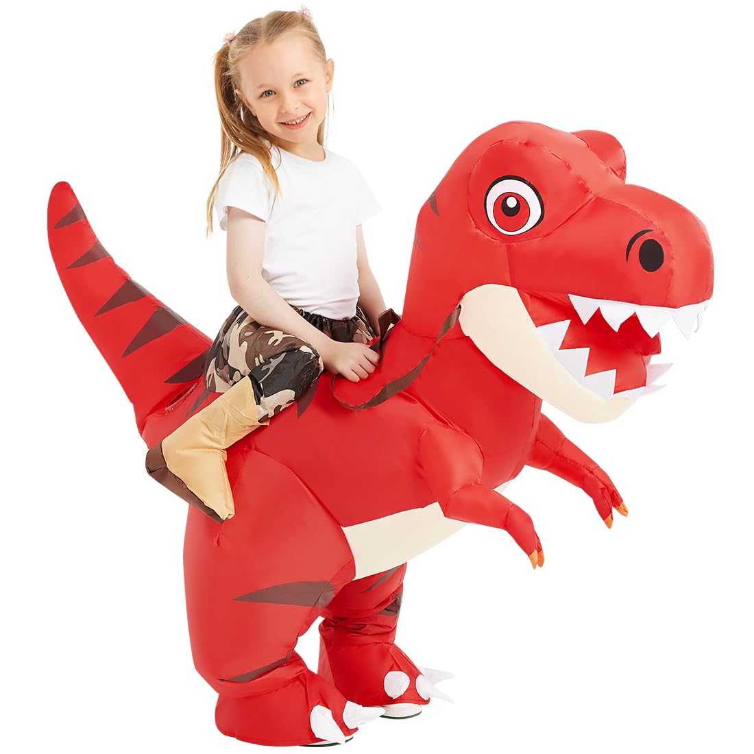 COMIN Inflatable Dinosaur Costume Kids, Ride on Dinosaur Blow Up Trex Costume Red Funny Fancy Dress for Halloween Party 4-6Y