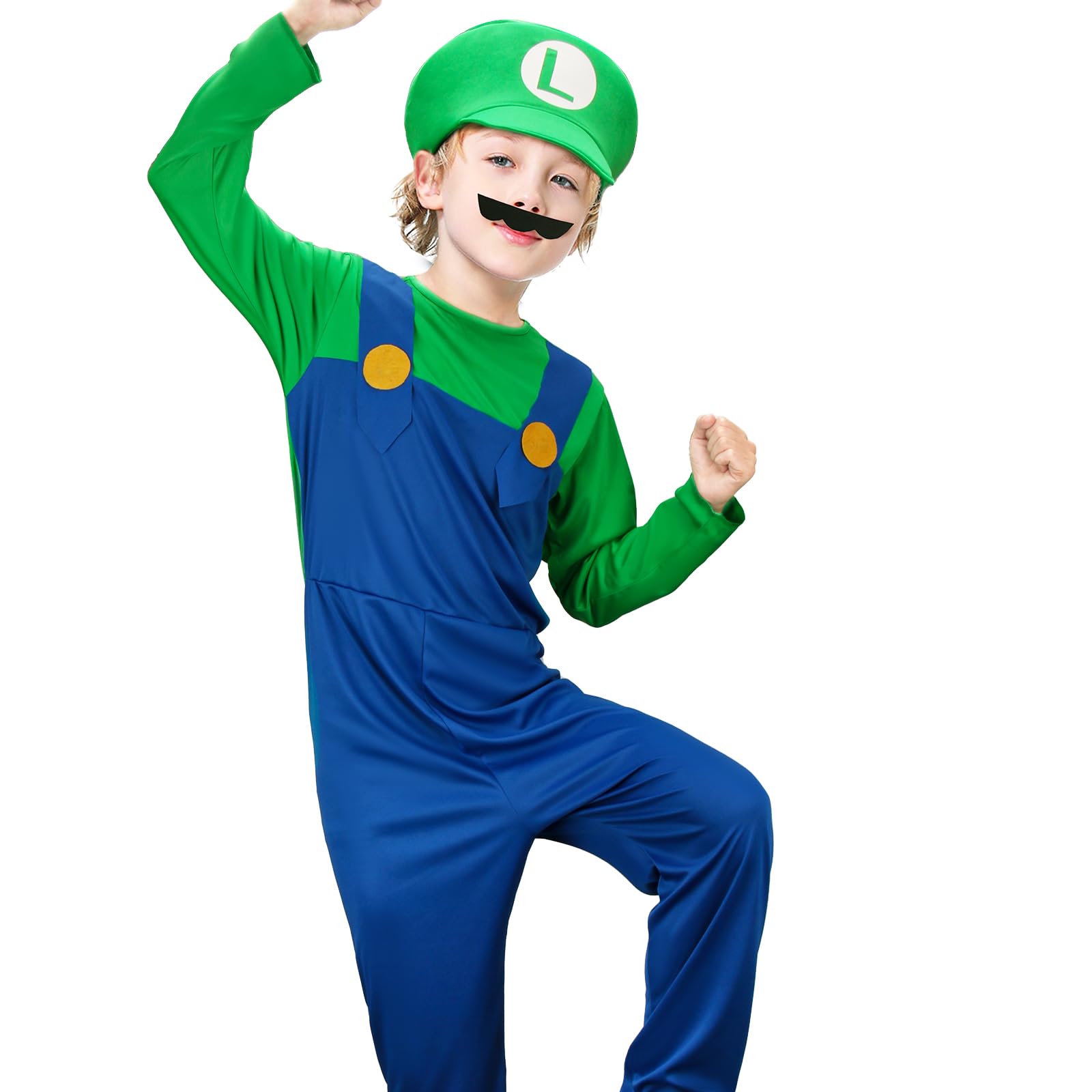 Tappkice Kids Brothers Odyssey Plumber Costume Red Green Jumpsuit Overall with Hat Moustache Halloween Cosplay Game Outfit (Green, 140)