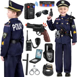 tepsmigo police officer costume for kids, police costume for kids with police uniform, recorder, shoulder police lights, halloween costume for boys girls, role play kit for boys girls