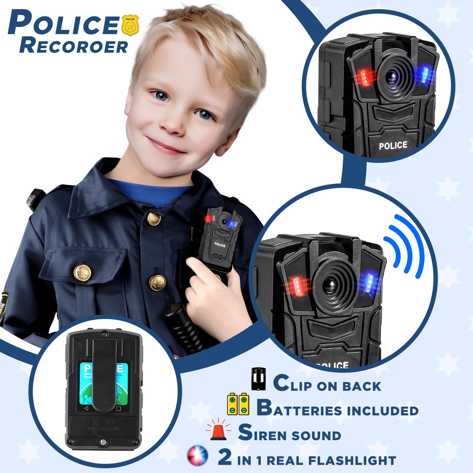 Tepsmigo Police Officer Costume for Kids, Police Costume for kids with Police Uniform, Recorder, shoulder police lights, Halloween Costume for Boys Girls, Role Play Kit for Boys Girls