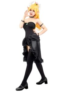 c-zofek women's bowsette cosplay costume black dress with accessories (large)