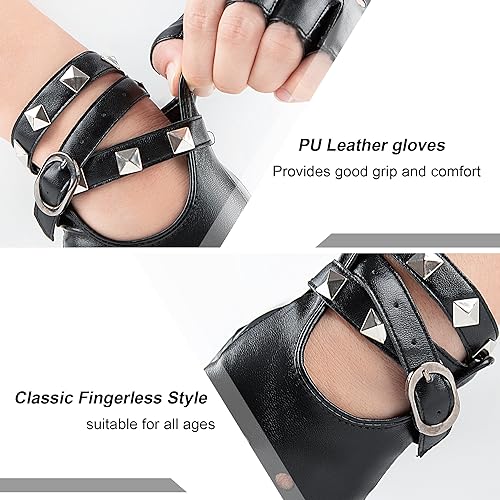 Fingerless Leather Gloves, Half Finger Biker Punk Gloves (One size fits all) with Belt Up and Rivet Design for Halloween Costume Party