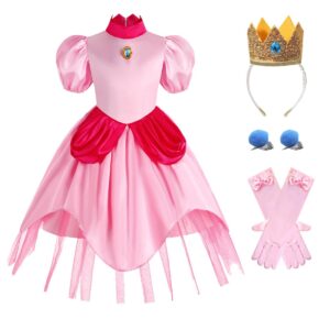 yipkorra girls princess peach costume dress kids halloween cosplay outfit with accessories(pink, 4-5 years)