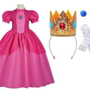 Princess Dress up Costume for Girls with Crown Blue Earrings Gloves Brooch Peach Cosplay Halloween Birthday Party Red-130