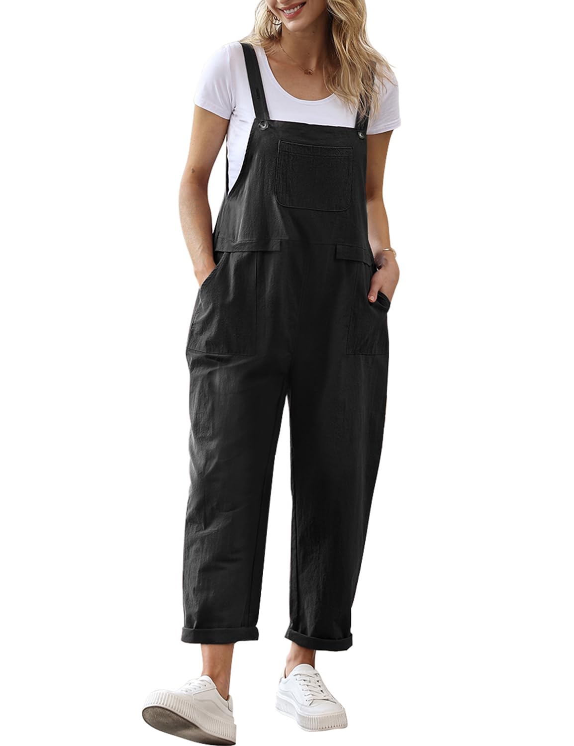 YESNO Women Long Casual Loose Bib Pants Overalls Baggy Rompers Jumpsuits with Pockets (XL PV9 Black)