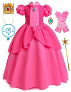 isswya princess peach dresses for kids cosplay super brother pink princess peach costume halloween birthday party dress up 11-12y