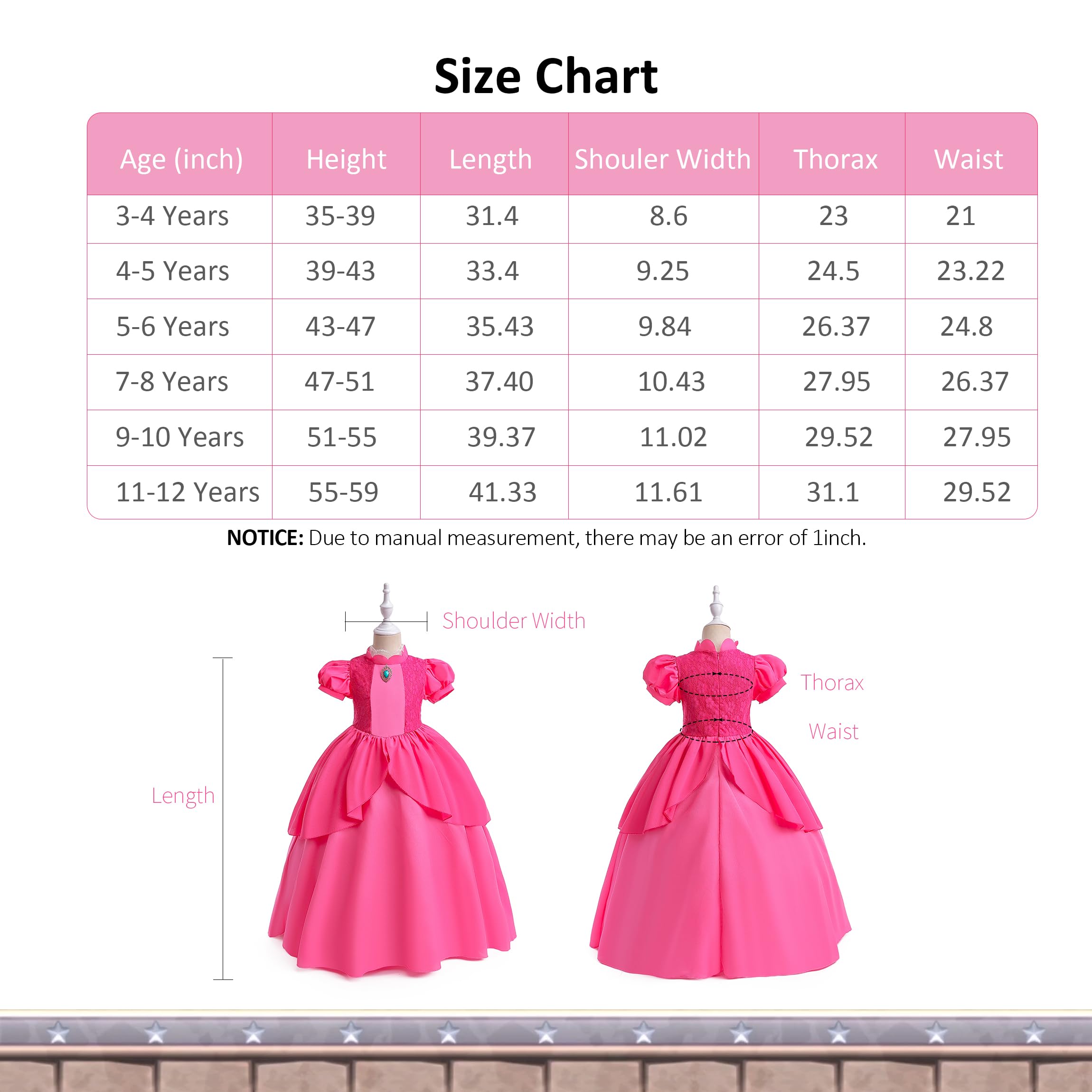 isswya Princess Peach Dresses for Kids Cosplay Super Brother Pink Princess Peach Costume Halloween Birthday Party Dress Up 11-12Y