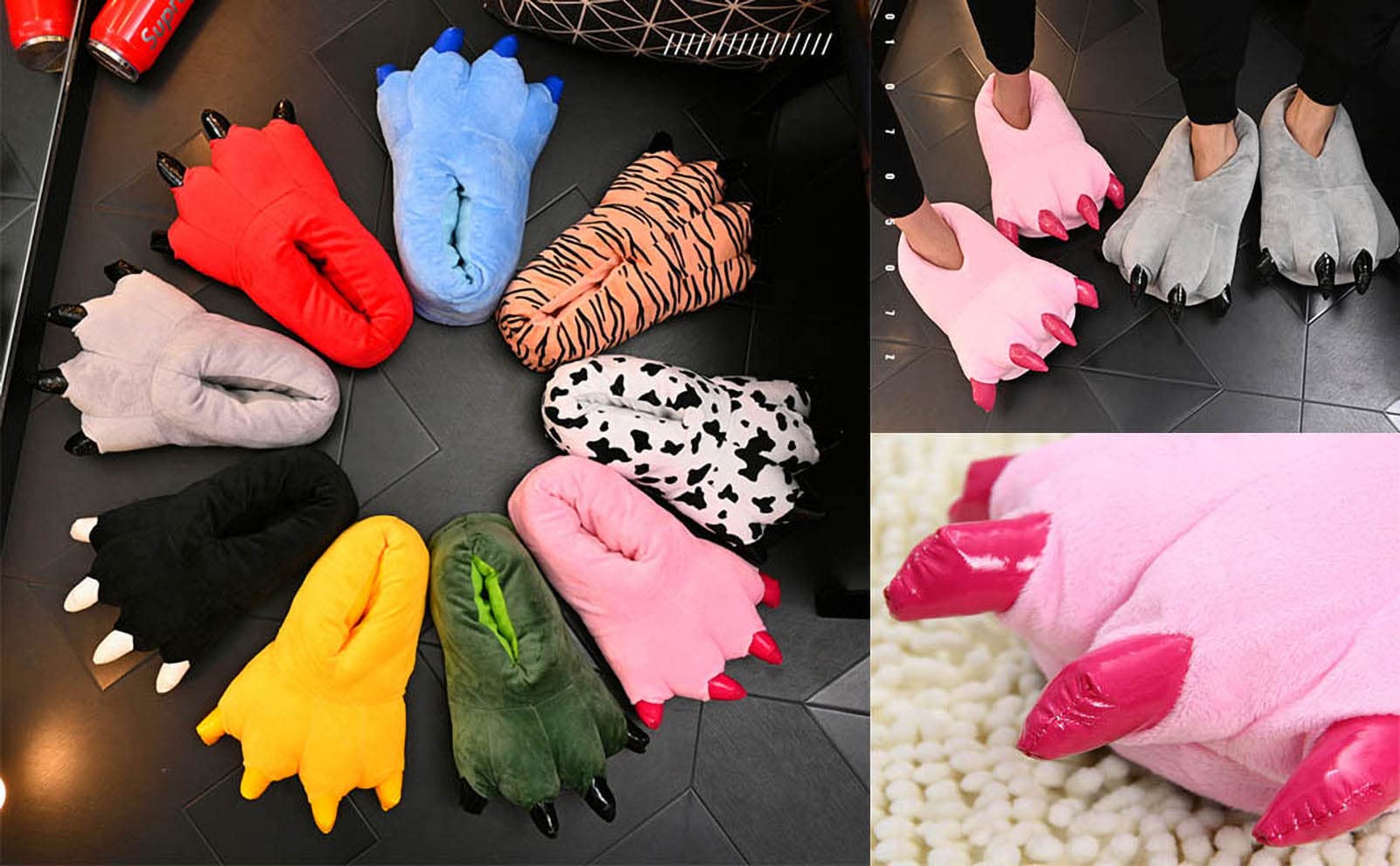 IXITON Unisex Funny Animal Paw slippers Shoes Furry Dinosaur bear Claw Slippers Cartoon plush slippers for men women girl boy kids elder,S,YELLOW