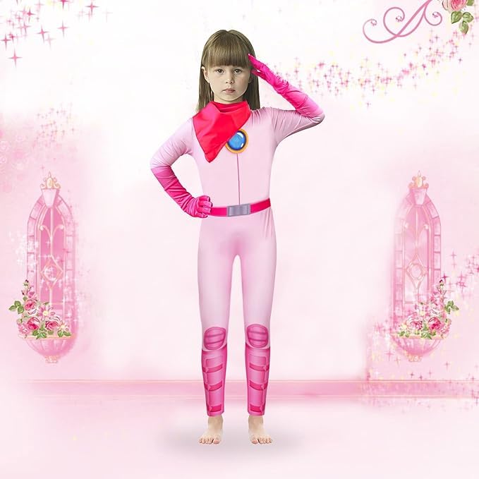 KDFJIEelf Peach Super Brothers Costume for Girls, New Models Peach Cosplay Combat Bodysuit, for Halloween (120(7Y)