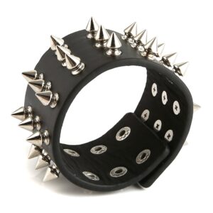 HZMAN Unisex Black Metal Spike Studded Punk Rock Biker Wide Strap Leather Bracelet (5cm Wide - Spike Black)