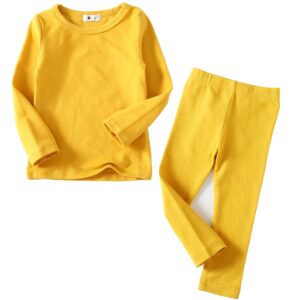 kisbini toddler girls boys pajamas basic solid color cotton sleepwear soft long sleeve pjs 2pcs set (4t, yellow)