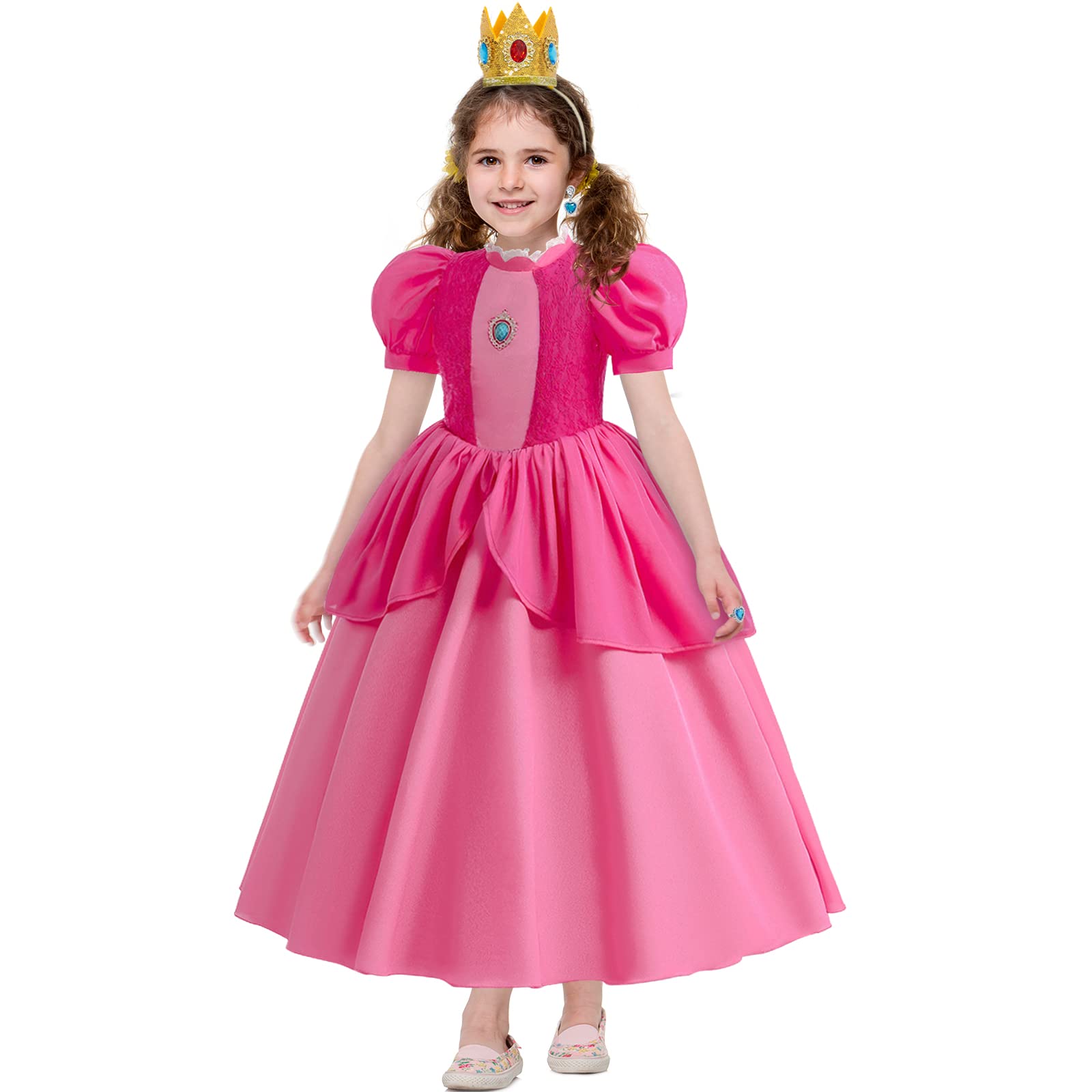 VORLITS Princess Peach Costume Dress For Girls Kids Puff Sleeve Cosplay Dress Up With Peach Crown And Glove