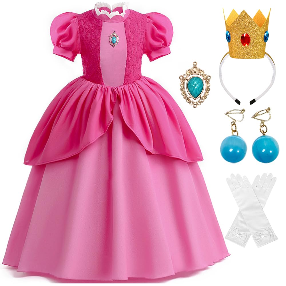 Zalongye Princess Peach Costume Dress for Girls cosplay Halloween Party Dress Up princess peach Dress（110）