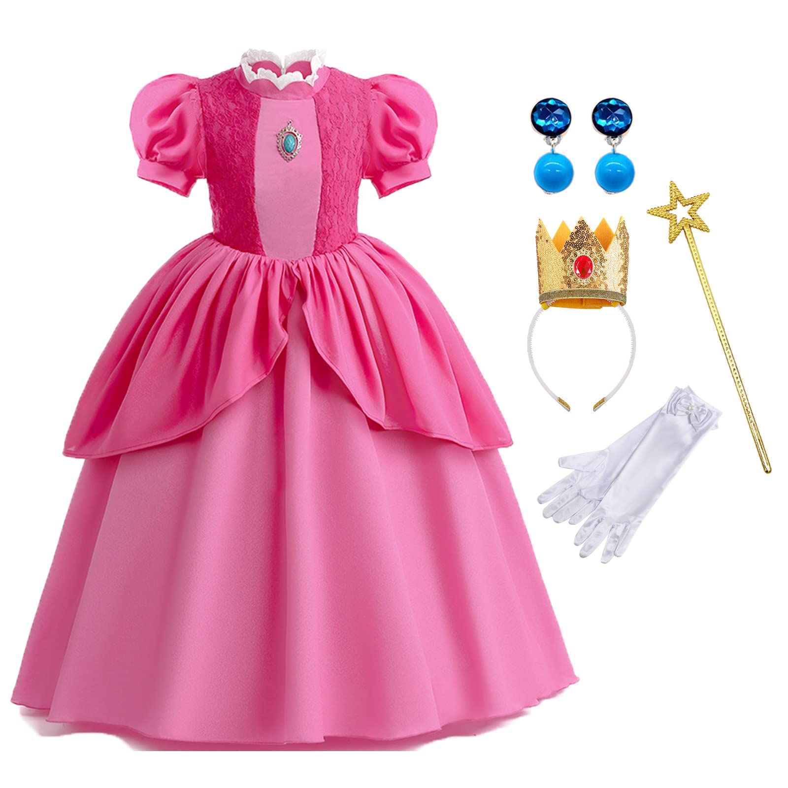 WZWLKJ Girls Princess Peach Costume Super Bros with Crown Headband earrings Gloves for Peach Cosplay dress up