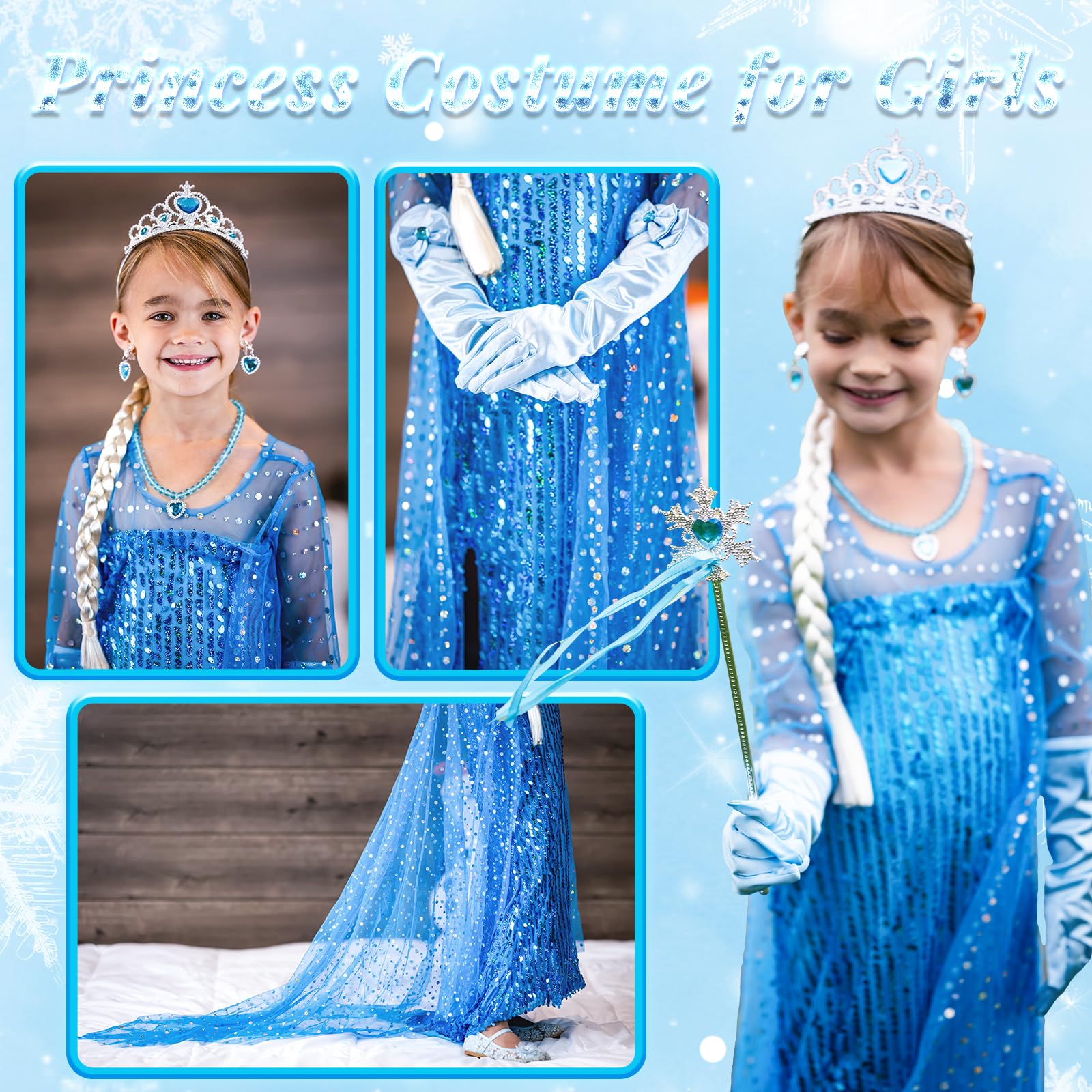 Luucio Frozen Costume for Girls, Princess Costume For Girls, Crown Accessories For Girls 3-10 Years, Halloween Role Play Kit