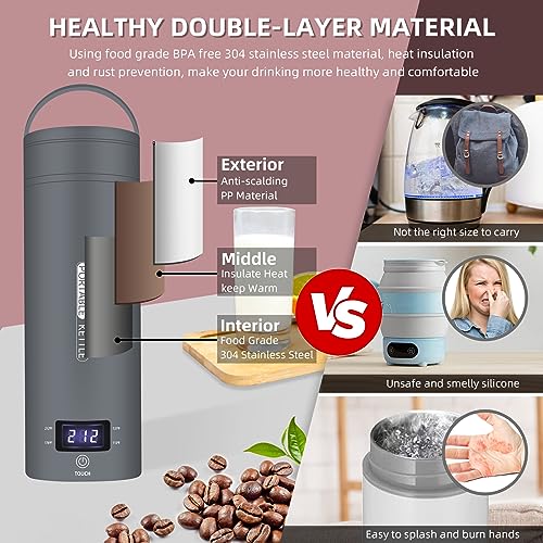 Travel Electric Kettle Portable Small Mini Tea Coffee Kettle Water Boiler, Water Heater with 4 Temperature Control,304 Stainless Steel with Auto Shut-Off & Boil Dry Protection, BPA-Free (Grey)