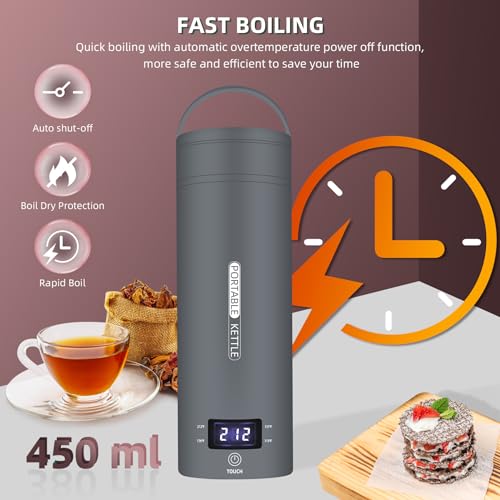 Travel Electric Kettle Portable Small Mini Tea Coffee Kettle Water Boiler, Water Heater with 4 Temperature Control,304 Stainless Steel with Auto Shut-Off & Boil Dry Protection, BPA-Free (Grey)