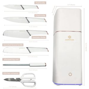 ZEEKMUSS Knife Set Knife Sets for Kitchen with Block 6-Piece Stainless Steel Block Knife Set with Sharpener Kitchen Scissors Smart Knife Holder Keep Clean and Dry Kitchen Home Gift (White)