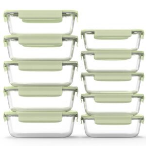 zrrhoo 10 pack glass food storage containers with lids, freezer meal prep containers (built in vent), green kitchen style bento boxes for storage, bpa free & leak proof (green)