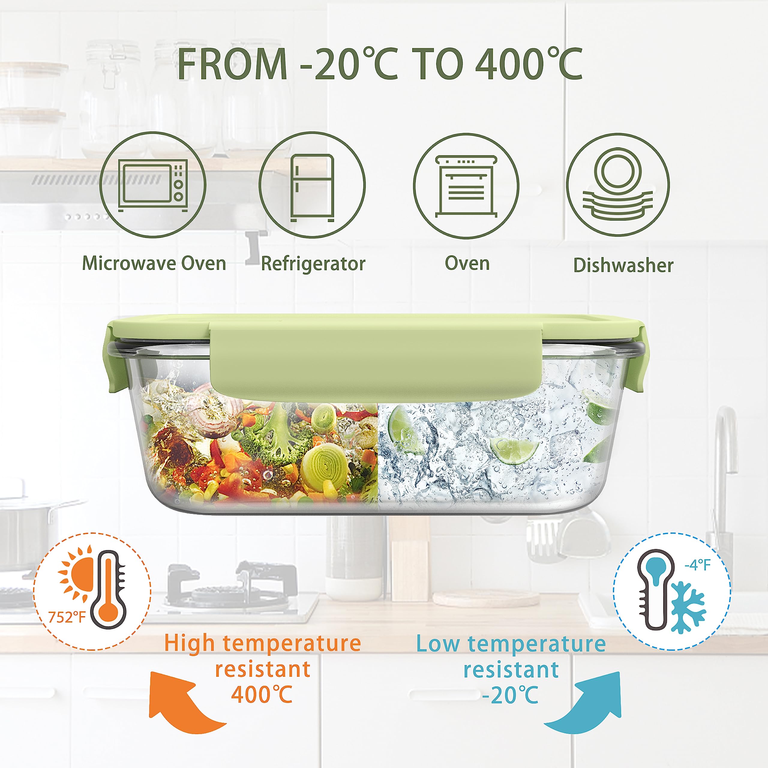 ZRRHOO 10 Pack Glass Food Storage Containers with Lids, Freezer Meal Prep Containers (Built in Vent), Green Kitchen Style Bento Boxes for Storage, BPA Free & Leak Proof (Green)