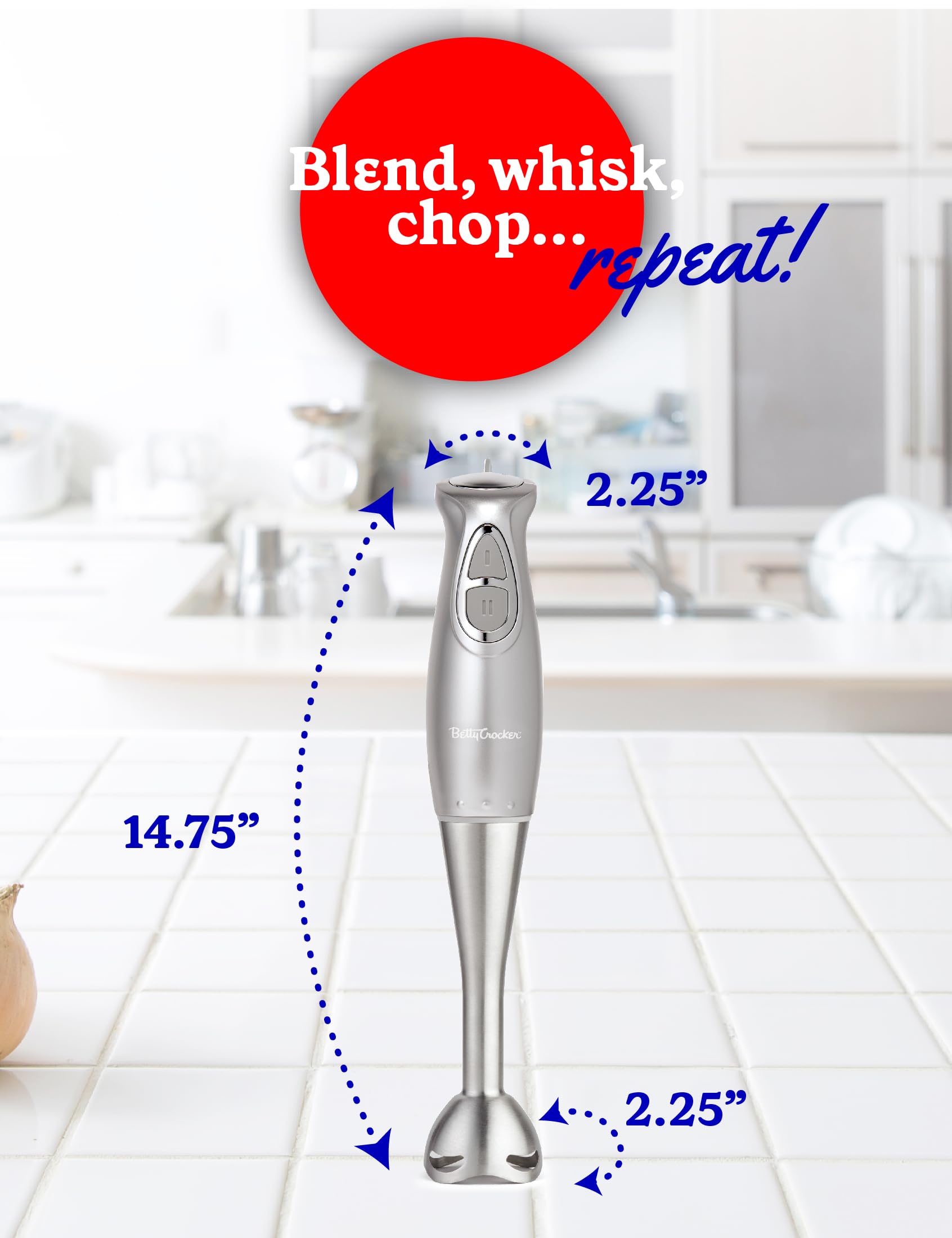 BETTY CROCKER Immersion Blender for Home & Kitchen, 2-Speed Hand Mixer Electric Handheld with Stainless Steel Blade, Beaker & Whisk, 250W Portable Blender with Ergonomic Handle, Silver