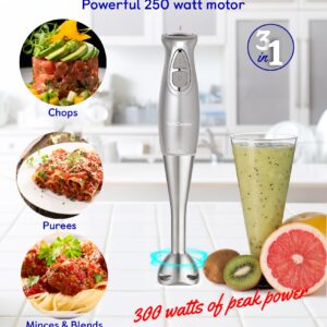 BETTY CROCKER Immersion Blender for Home & Kitchen, 2-Speed Hand Mixer Electric Handheld with Stainless Steel Blade, Beaker & Whisk, 250W Portable Blender with Ergonomic Handle, Silver