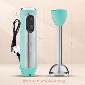 Powerful Immersion Blender, Electric Hand Blender 500 Watt with Turbo Mode, Detachable Base. Handheld Kitchen Blender Stick for Soup, Smoothie, Puree, Baby Food, 304 Stainless Steel Blades (Aqua)