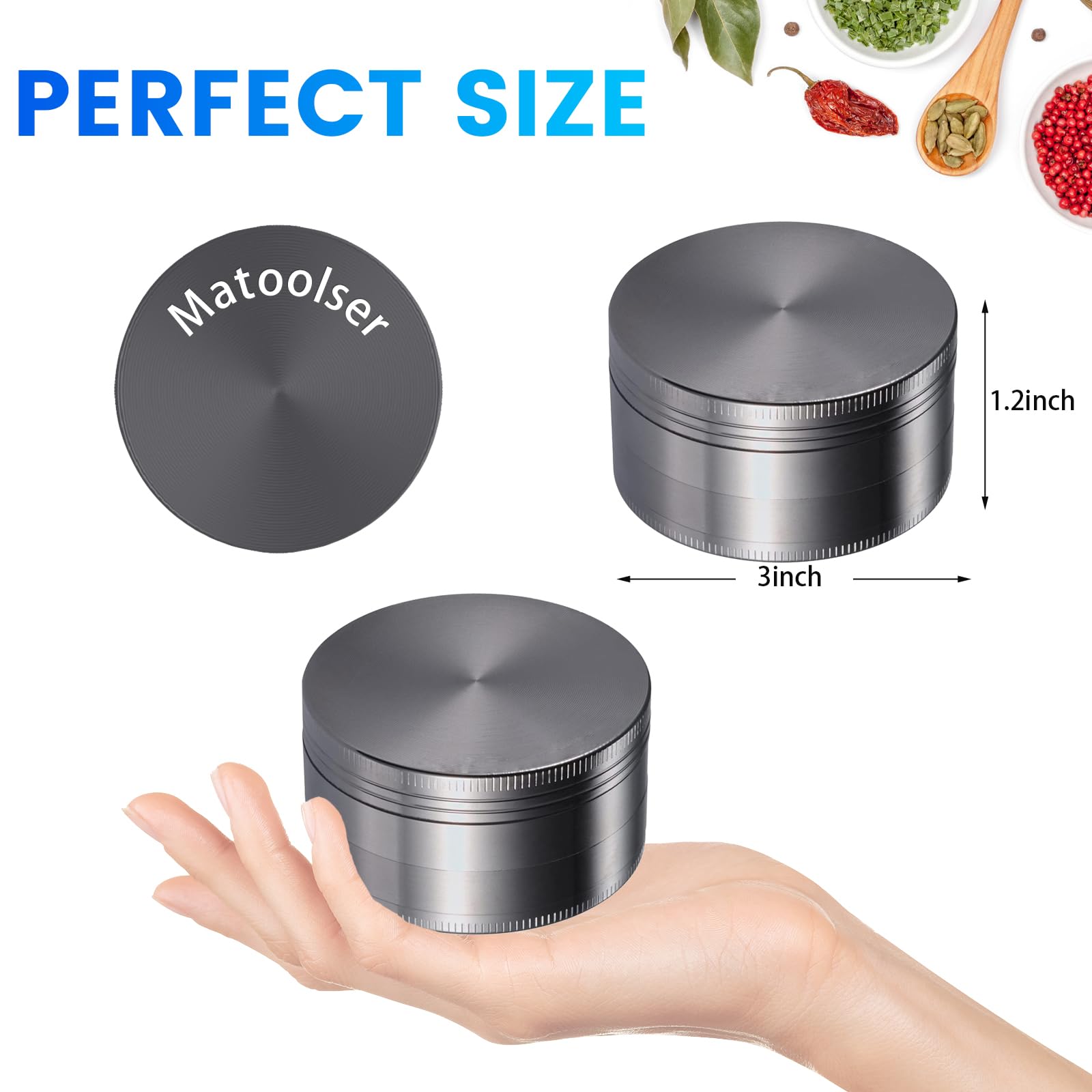 Matoolser 3 Inch Spice Grinder Large 3 Pieces (Metal Black)