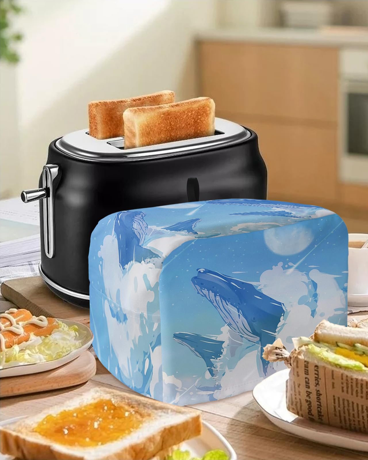 2 Slice Toaster Cover, Bread Machine Cover Summer Blue Sky and Sea Whales with Ocean Waves Kitchen Appliance Dust Cover with Top Handle Fingerprint Protection Lightweight Kitchen Toaster Cover