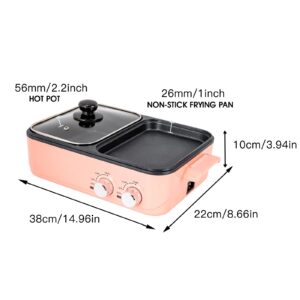 Hot Pot Electric with Grill, 2 in1 Indoor Non-Stick Shabu Shabu Pot & Frying Pan, Portable Mini Hot Pot for Fry, Noodles, Steak, Korean BBQ - Non Stick - Individual Dual Temperature Control (Pink)