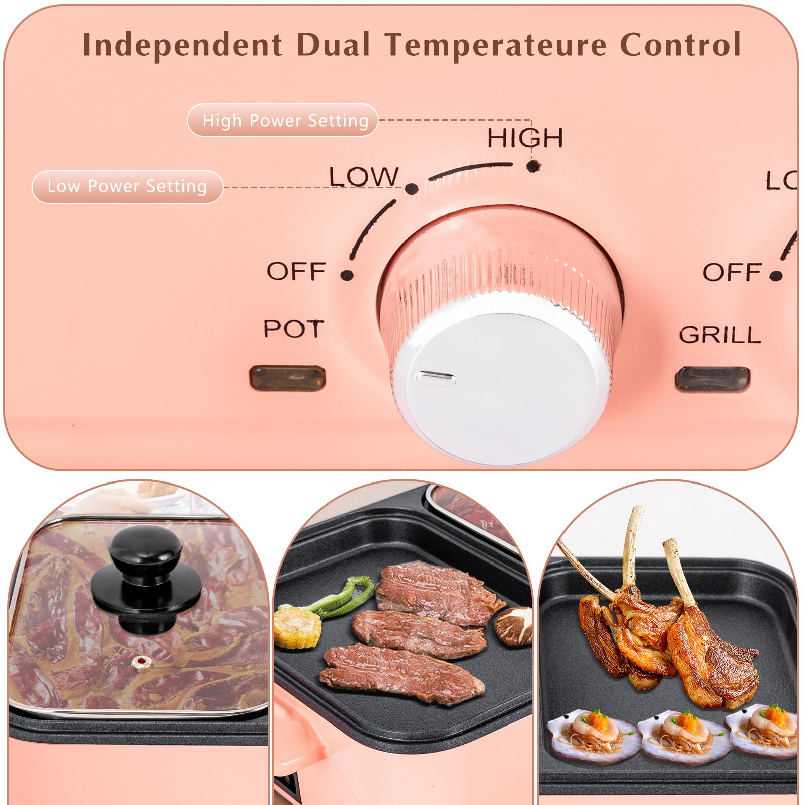 Hot Pot Electric with Grill, 2 in1 Indoor Non-Stick Shabu Shabu Pot & Frying Pan, Portable Mini Hot Pot for Fry, Noodles, Steak, Korean BBQ - Non Stick - Individual Dual Temperature Control (Pink)