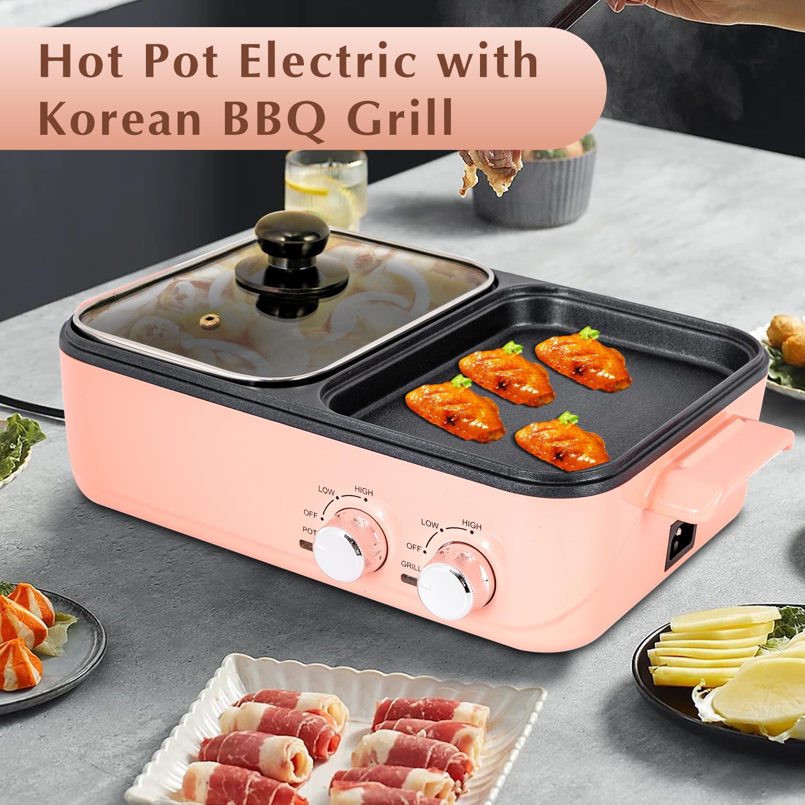 Hot Pot Electric with Grill, 2 in1 Indoor Non-Stick Shabu Shabu Pot & Frying Pan, Portable Mini Hot Pot for Fry, Noodles, Steak, Korean BBQ - Non Stick - Individual Dual Temperature Control (Pink)